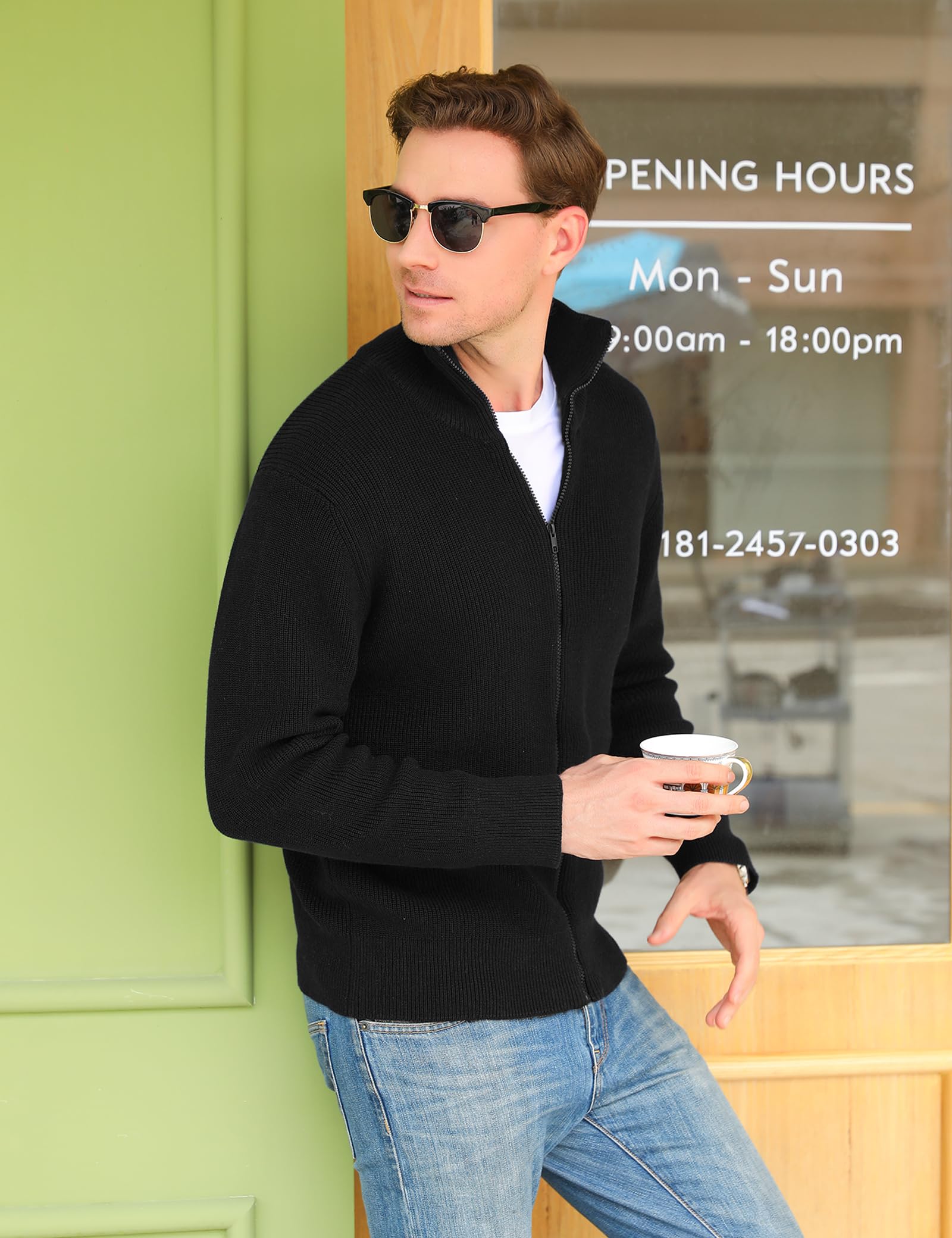 iClosam Cardigan da Uomo Casual Slim Leggero Maglione Maglia Waffle Sweater Pullover Giacca Coat con Zip Invernale B-Nero,S