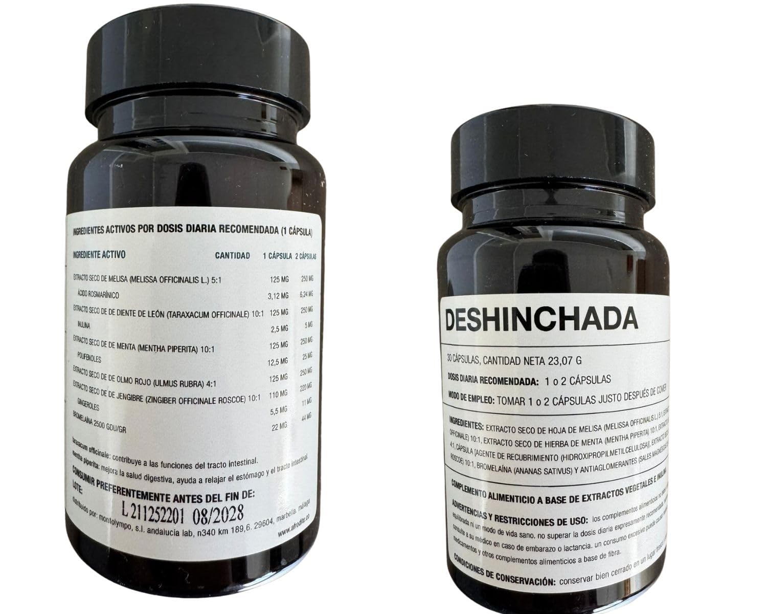 afrodite DESHINCHADA Suplemento Digestivo para Gases e Hinchazón Abdominal, con Bromelaína, Jengibre, Menta Piperita y Diente de León, 30 Cápsulas Vegetales