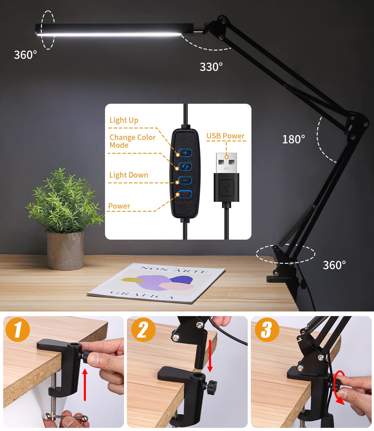 Lampa biurkowa LED Zaxiva z 3 temperaturami barwowymi, 10 poziomami jasności, regulowanym ramieniem i klipsem, idealna do czytania, pracy, nauki, makijażu oraz codziennego użytku w domu i biurze.
