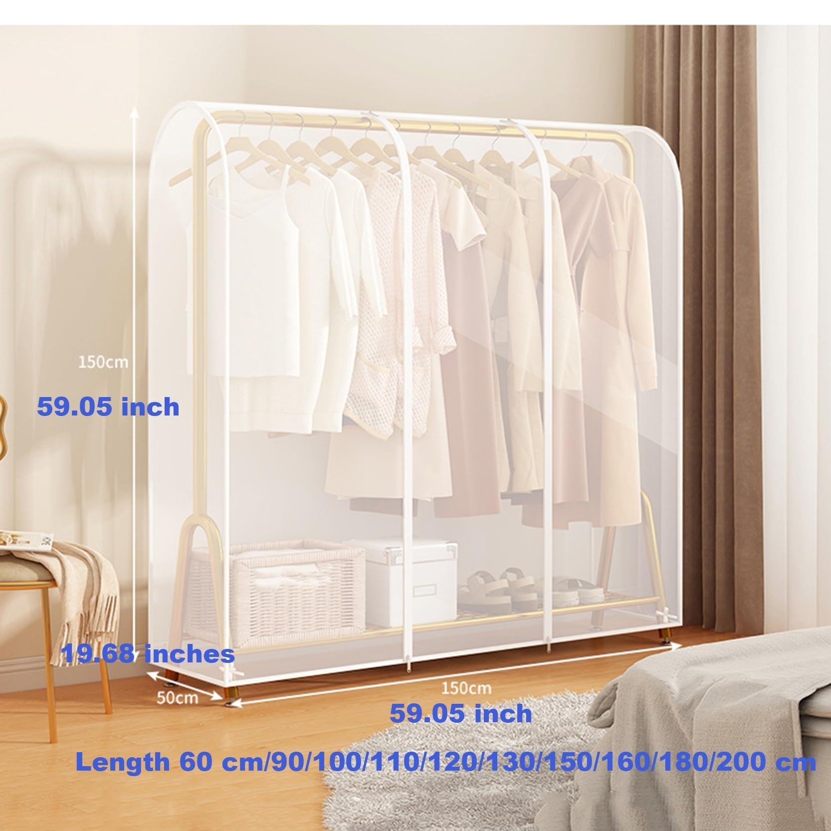 Copertura per Appendiabiti con Cerniera, Extra Lunga 2,95~6,56 Piedi, Altezza 4,92 Piedi, Trasparente in PEVA, Antipolvere, per Cappotti, Abiti e Vestiti, Appendiabiti (Trasparente, 200x50x1