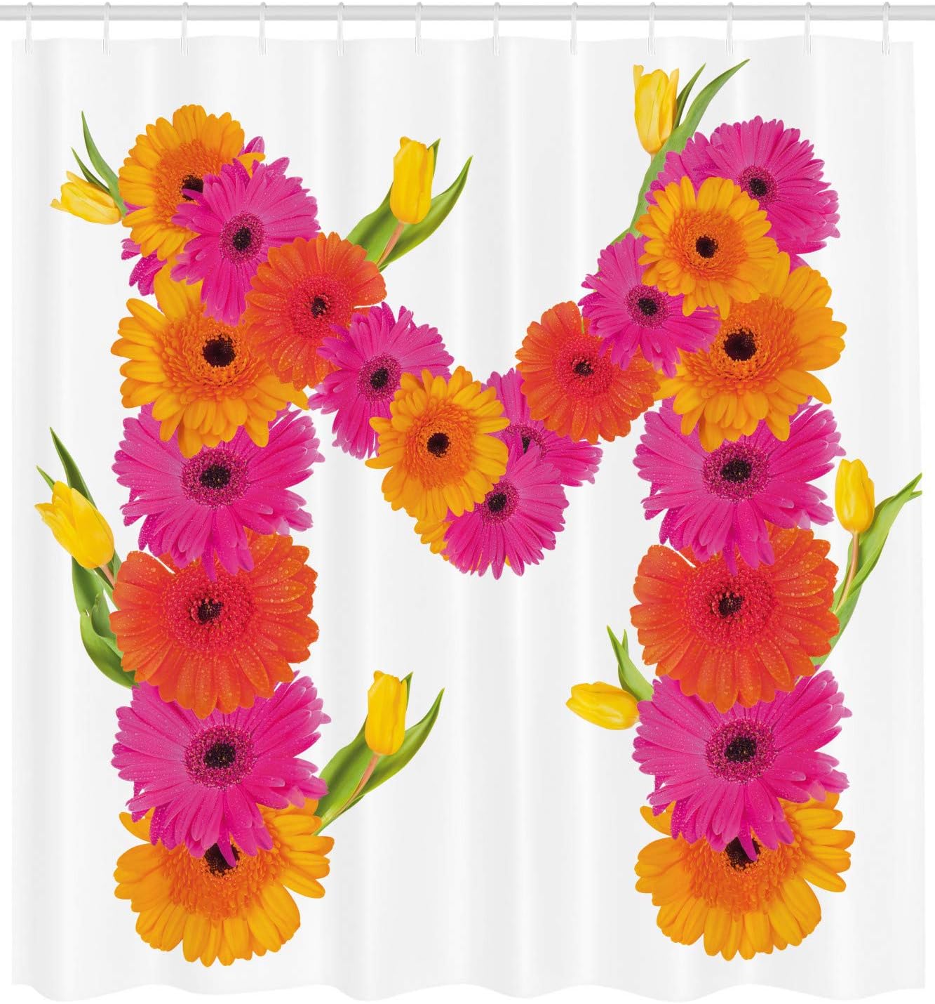 Ambesonne Letter M Shower Curtain, Pink and Orange Gerbera Flowers and Tulips in Full Blossom Fresh Spring, Cloth Fabric Bathroom Decor Set with Hooks, 69" W x 70" L, Hot Pink Orange Green
