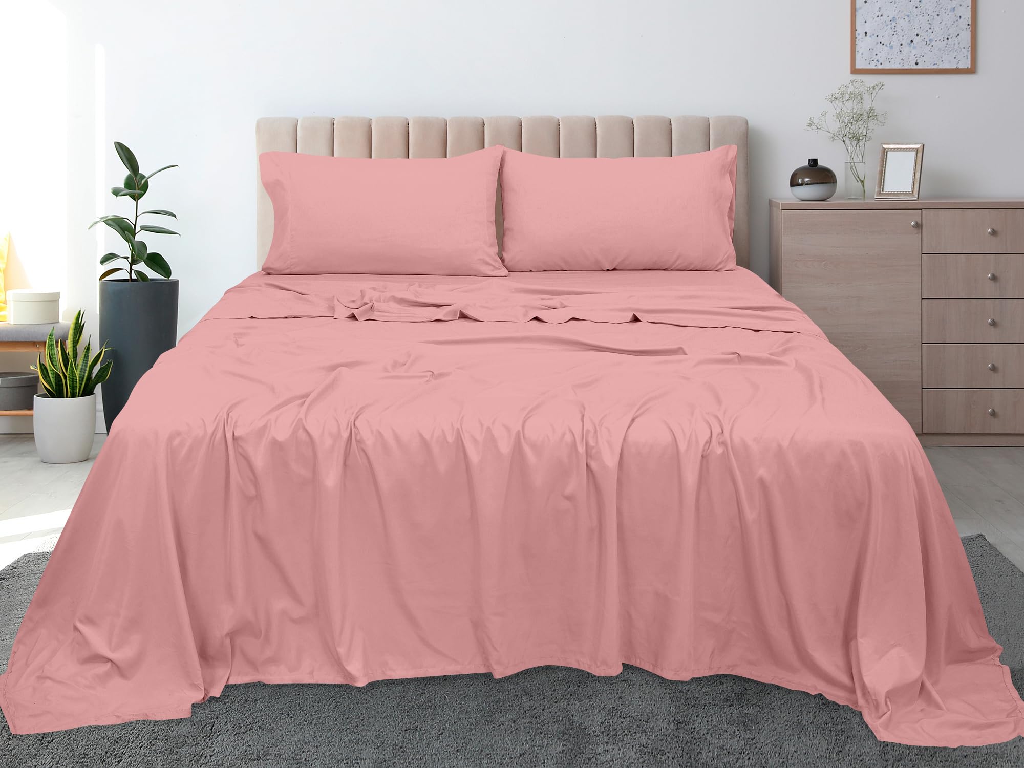 ROYALE LINENS - Sábana encimera de 100 % algodón peinado de fibra larga, 300 hilos, ultrasuave, sábana superior, transpirable, fresca y crujiente, solo sábana encimera de percal (individual, rosa)