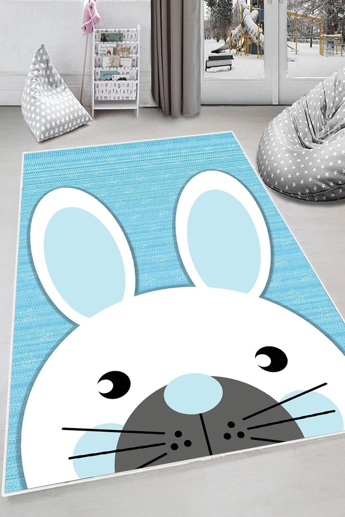 Pelangi Mavi Tavşan Desenli Yıkanabilir Kaymaz Taban Leke Tutmazbebek Ve Çocuk Odası Halısı, Gri-Mavi 40 x 40, 9013571574040