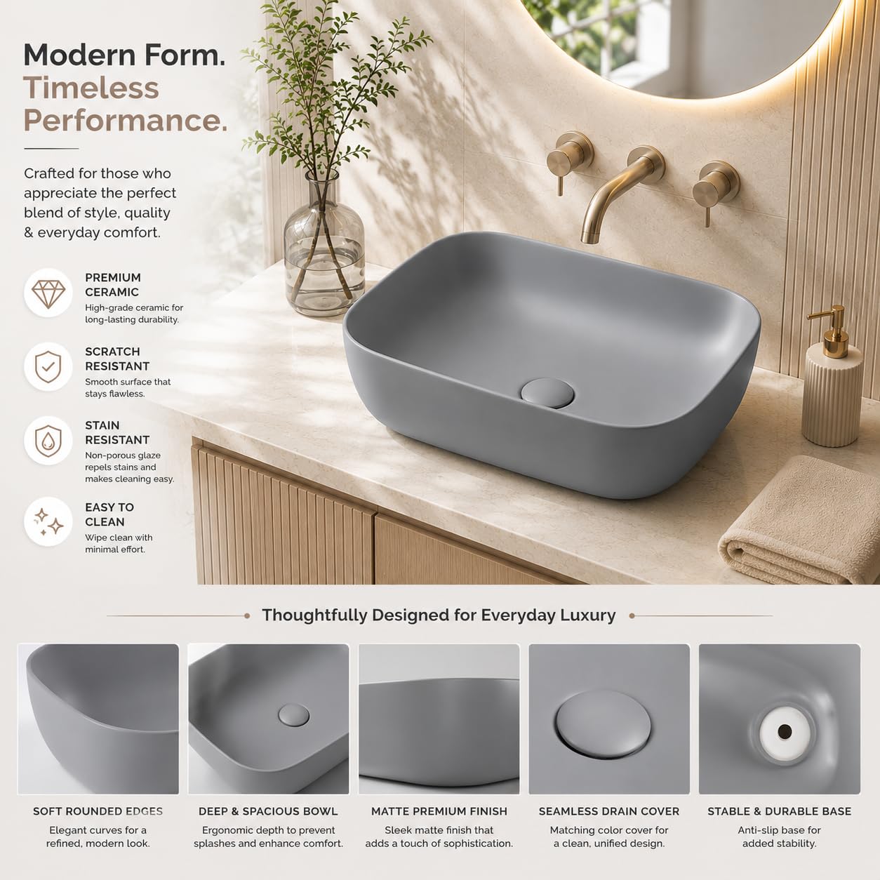REMANENCE Premium Designer Matte Finish Table Top Ceramic Wash Basin/Vessel Sink with Slim Rim for Bathroom (18 x 13 x 5.5 Inch) (Matte Grey)