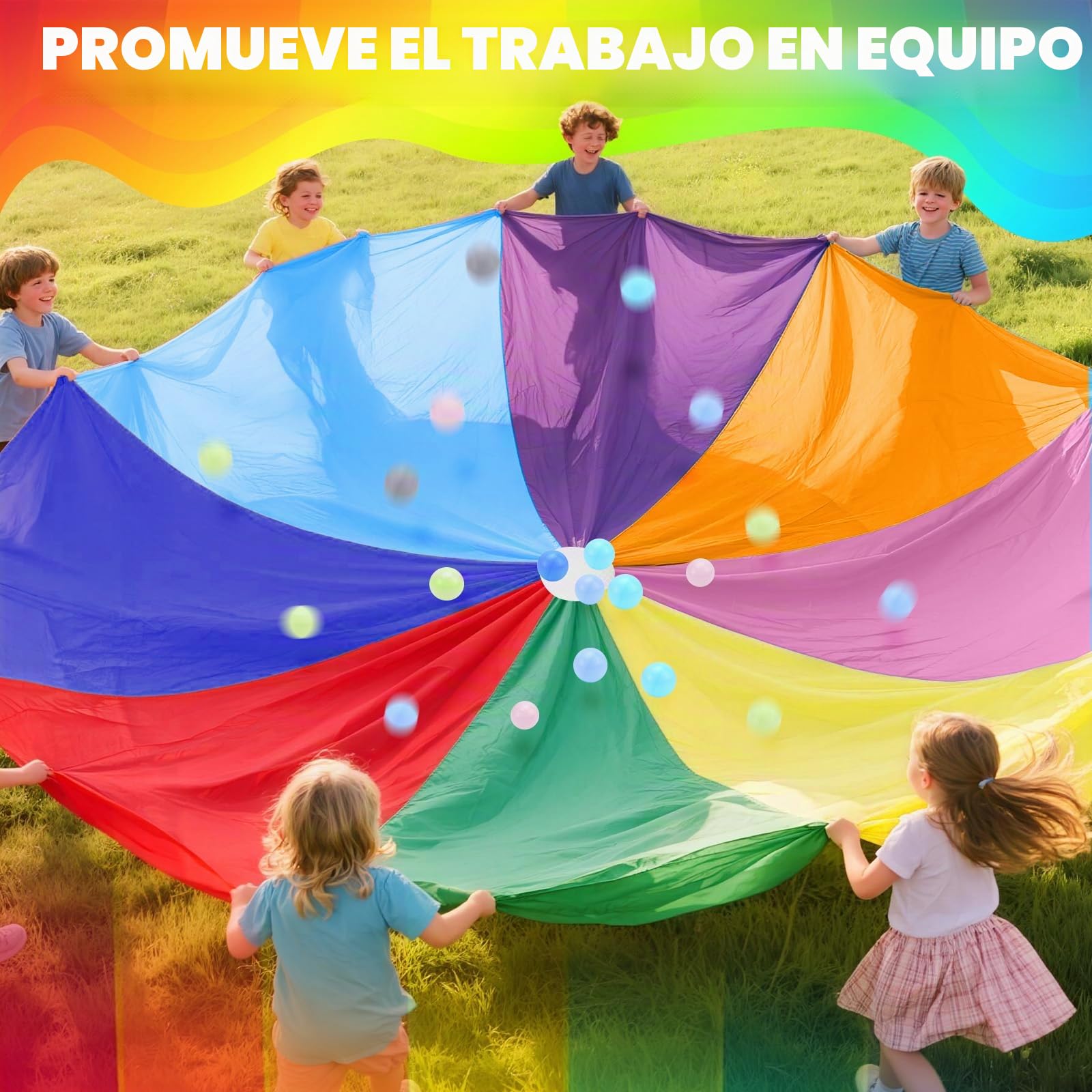 Paracaidas Infantil con 20 Bolas Paracaidas Ø300 cm - Juegos Grupales de Interior y Exterior para Escuelas y Fiestas de Cumpleaños Infantiles (Diámetro 300 cm)