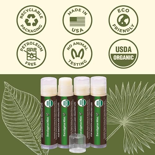 Miniatura 6 de Earth's Daughter - Bálsamo labial orgánico USDA, paquete de 4 unidades, sabor a menta de eucalipto, cera de abejas, aceite de coco, vitamina E, el