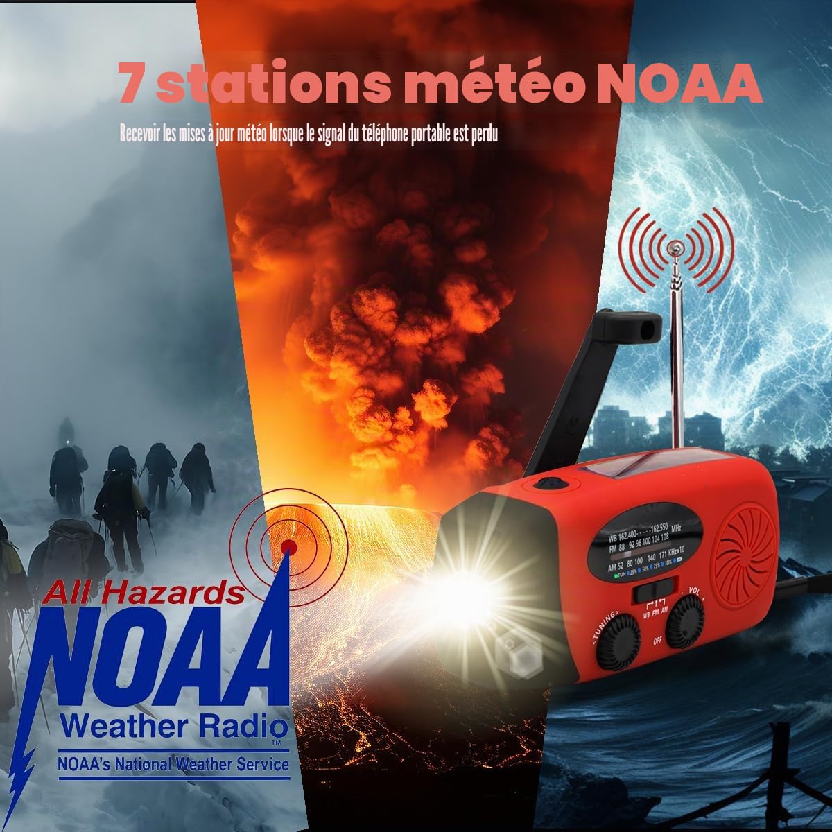 Radio météo urgence AM/FM/NOAA, manivelle solaire, chargeur de téléphone, lampe de poche 4 modes, alarme SOS, prise casque, pour urgence