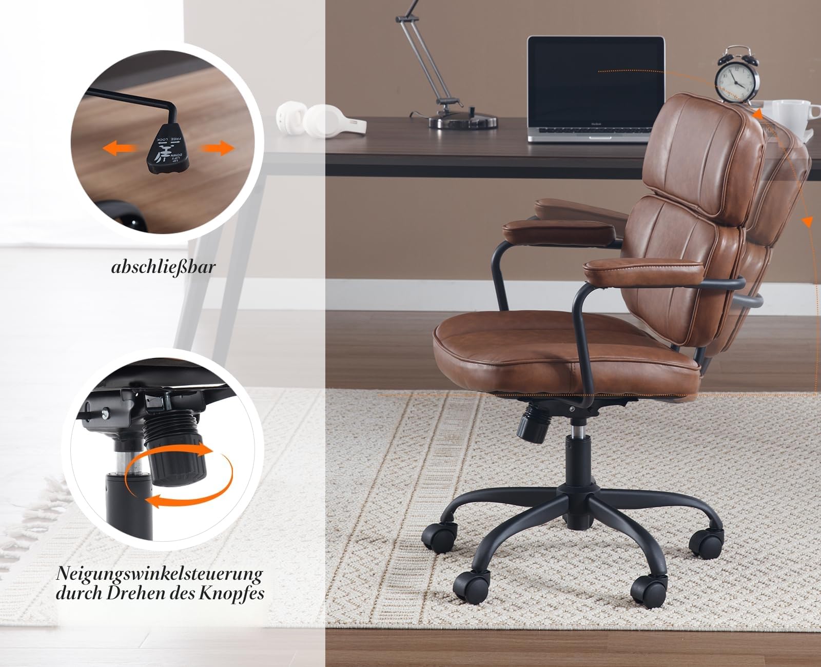 chairus Schreibtischstuhl Bürostuhl Ergonomisch PU Leder, Drehstuhl Braun | 360° Computerstuhl mit Armlehnen, Bürosessel Höhenverstellbarer für Arbeitszimmer Homeoffice Büro Wohnzimmer Schlafzimmer