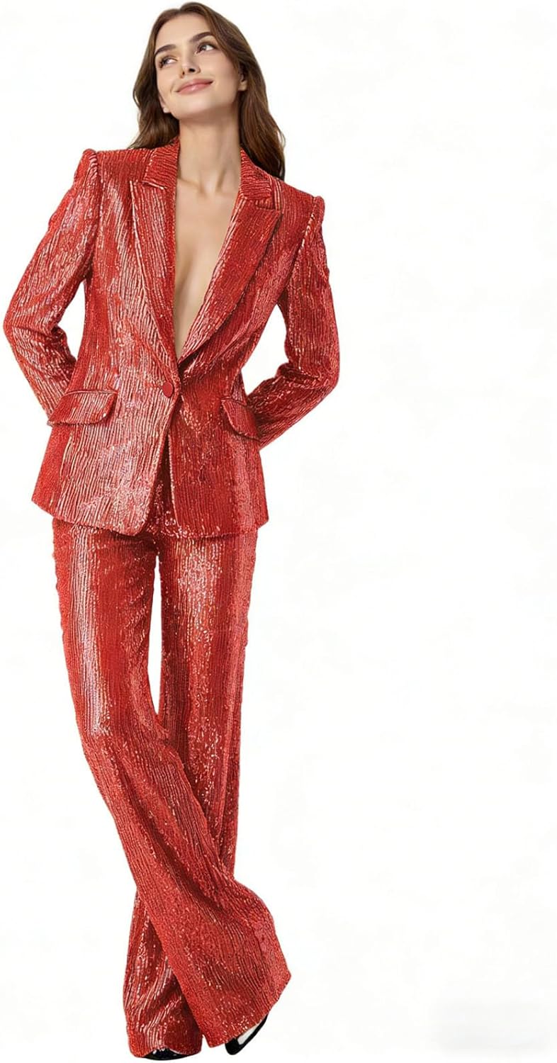 2 Piece Sequin Suits for Women Glitter Sparkly Notch Lapel Women Suit V Neck Womens Dressy Suits for Party Prom - Image 5
