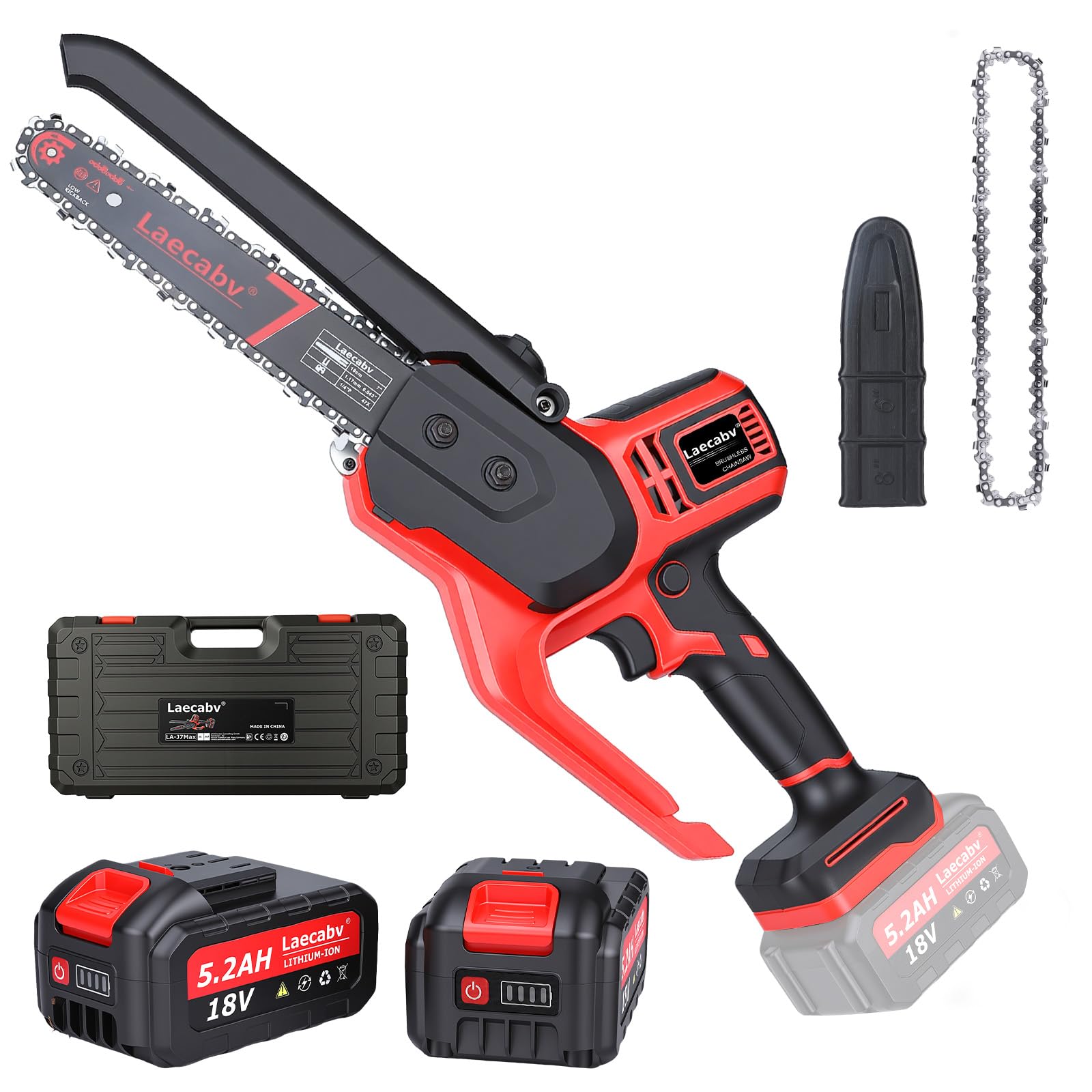 Laecabv Mini Motosega a Batteria J7Max 7 Pollici, con 2 Batterie 5.2Ah B10 e Motore Brushless, Seghetto Elettrico Portatile per Potatura e Taglio Legno, Auto-Oliatura