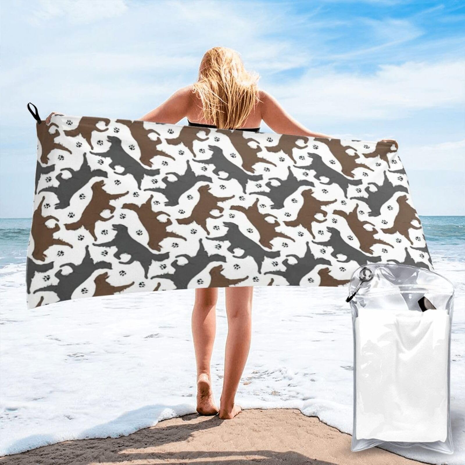 AYYQWE Trotting Flat Coated Retrievers Paw Print Lightweight Towel For Men Women Travel Beach Camping Hiking Yoga Swimming Sports