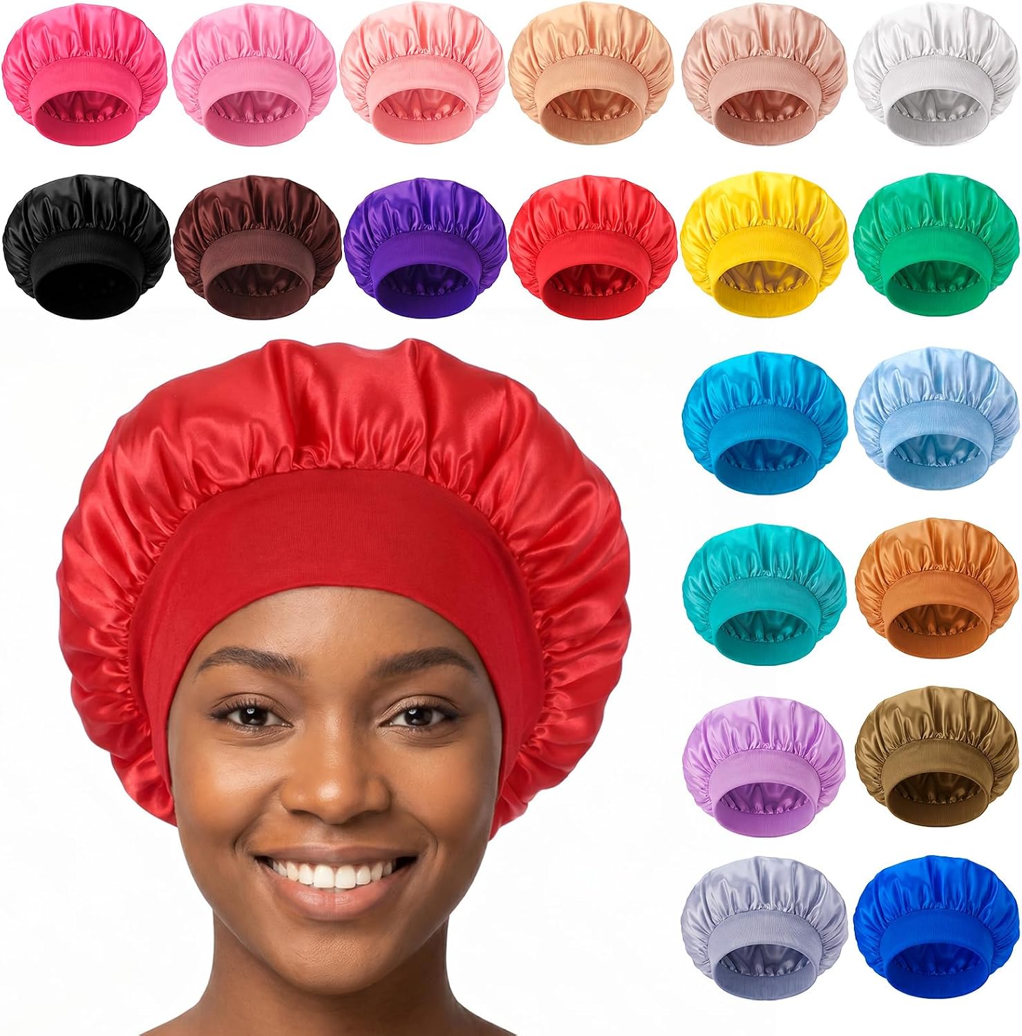 20Pcs Satin Bonnets for Sleeping, Large Silk Hair Bonnet for Women, Wide Band Adjustable Sleep Cap for Curly, Braids, Dreadlocks, Natural Hair (20 Colors)