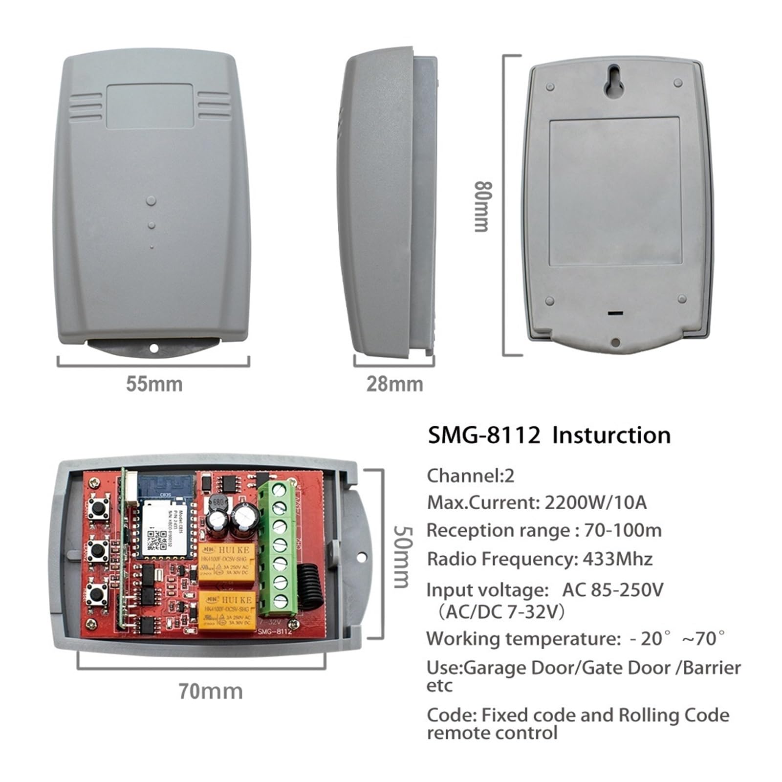 Apriporta Automatico, Smart Switch Universale RF Cancello del garage Apriporta Controller 433 mhz 7-250 V Ricevitore esterno a 2 canali(5PCS AC DC 7-32V)