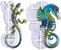 2 moldes de resina de cavalo marinho de lagartixa de silicone, moldes realistas para decoração de hipocampo de lagarto, molde de epóxi de silicone animal grande 3D para artesanato em resina
