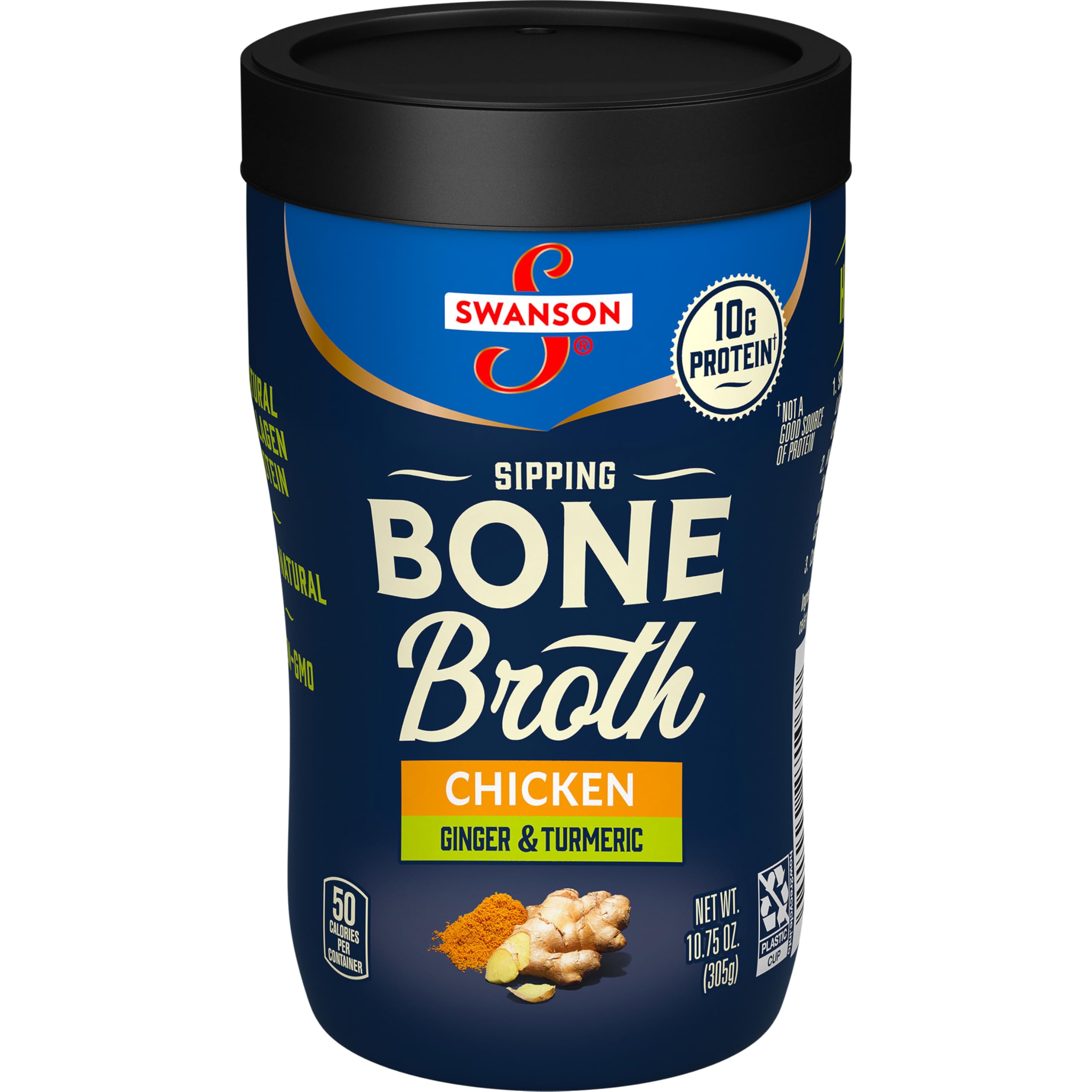 Swanson Sipping Chicken Bone Broth With Ginger and Turmeric, 10.75 oz Microwavable Cup