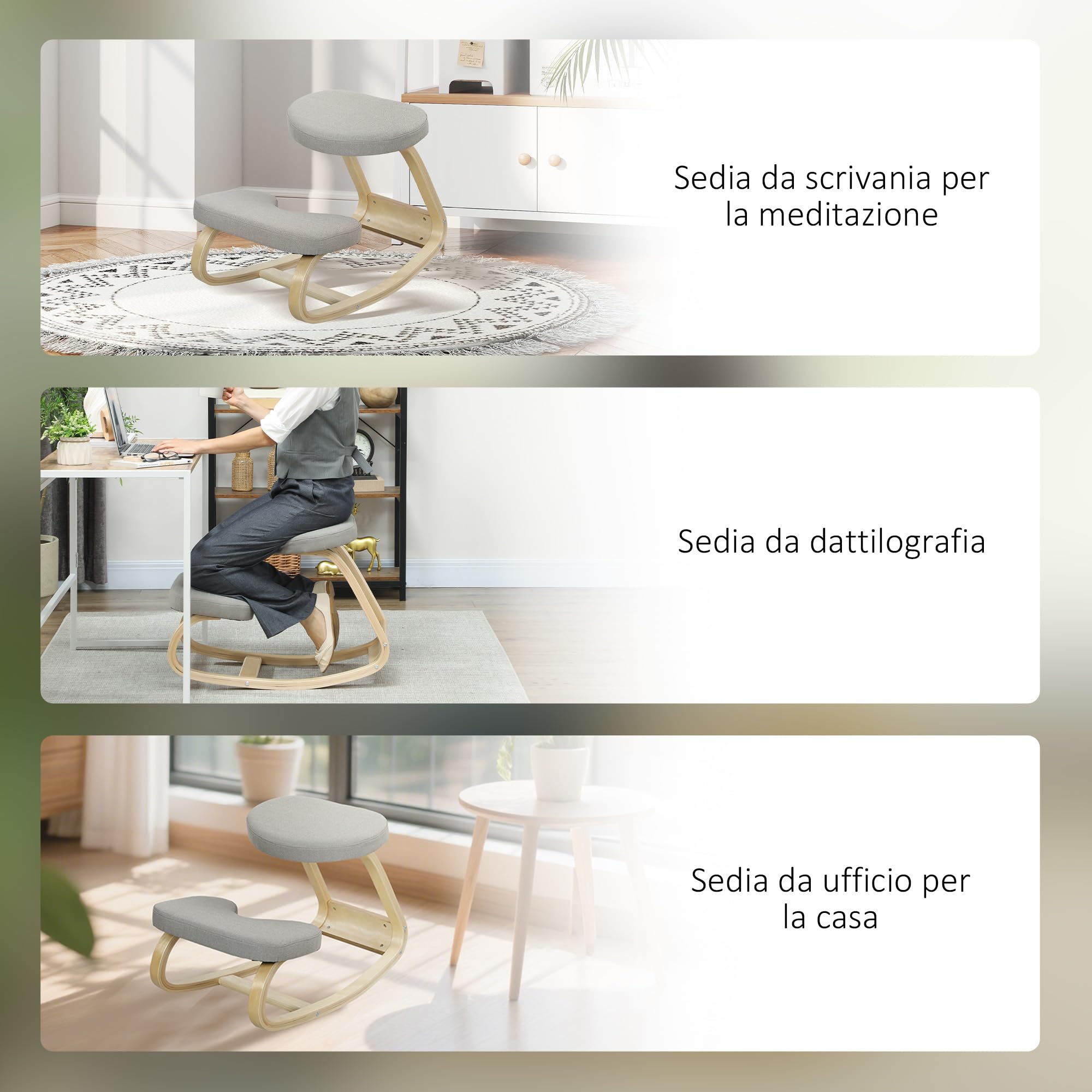 HOMCOM Sedia Inginocchiatoio con Movimento a Dondolo, Sedia Ergonomica Posturale in Tessuto Effetto Lino e Legno di Betulla, 50x73x55 cm, Grigio Chiaro