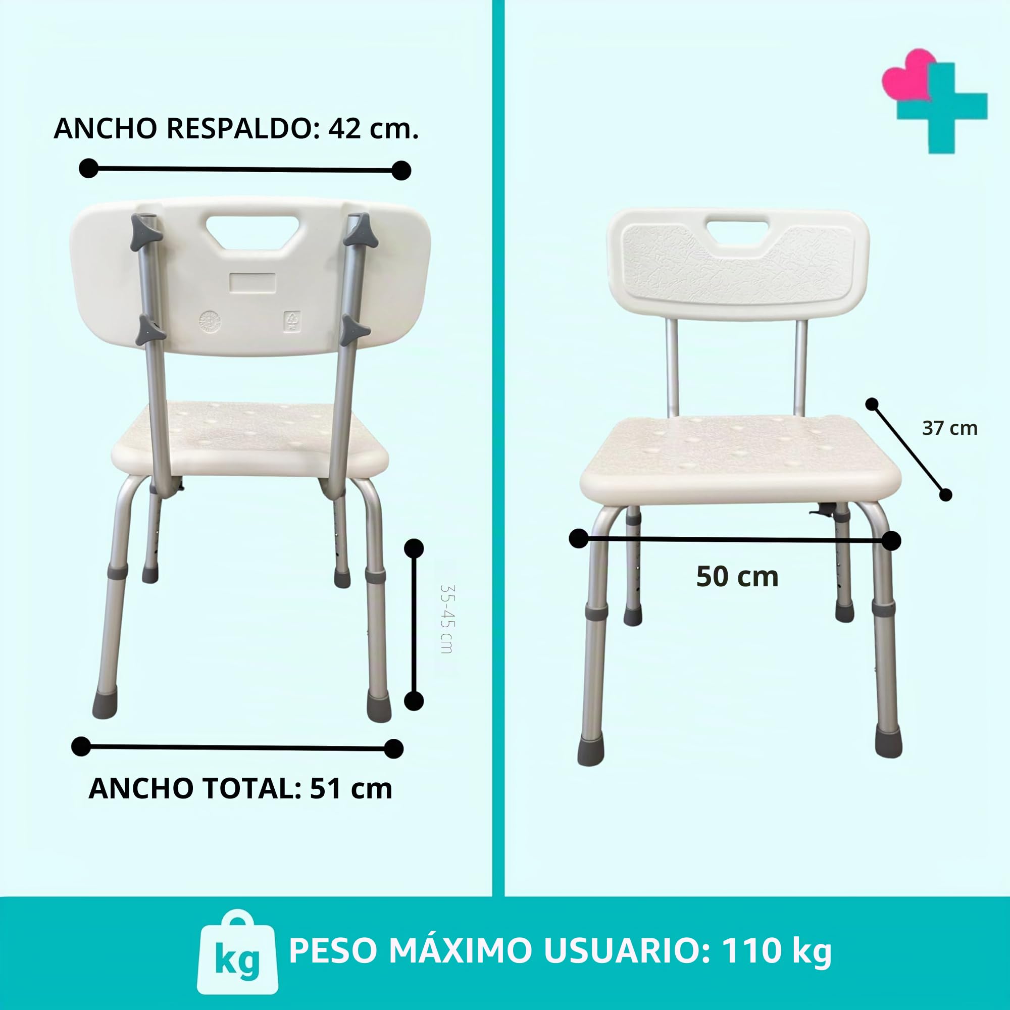 Silla de Ducha para Personas Mayores y Movilidad Reducida | Asiento Regulable en Altura con Respaldo | Taburete de Baño Antideslizante | Silla Ortopédica para Ducha y Bañera | hasta 100 kg