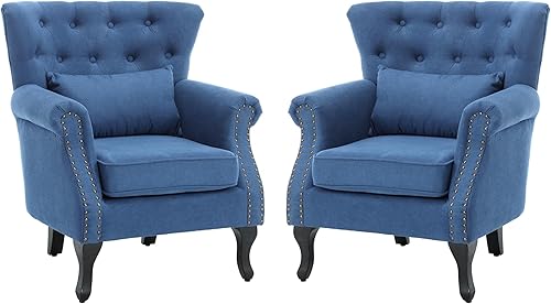 Miniatura 20 de KCC Sillón de lectura moderno de mediados de siglo, silla de club tapizada con respaldo copetudo, patas de madera de goma y almohada lumbar, color