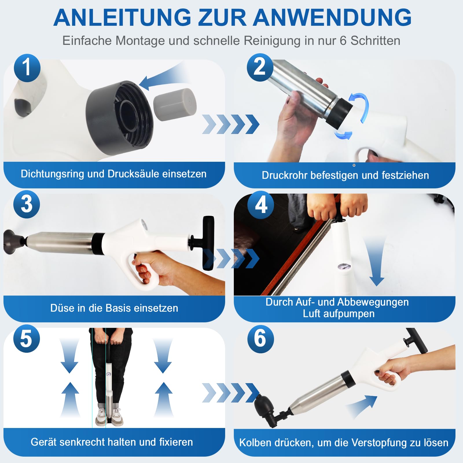 Rohrreiniger Druckluft – Rohrreinigungspumpe mit Manometer und 4 Saugnäpfen für Toilette, Waschbecken, Dusche & Badewanne – Effektiver Abflussreiniger gegen verstopfte Rohre