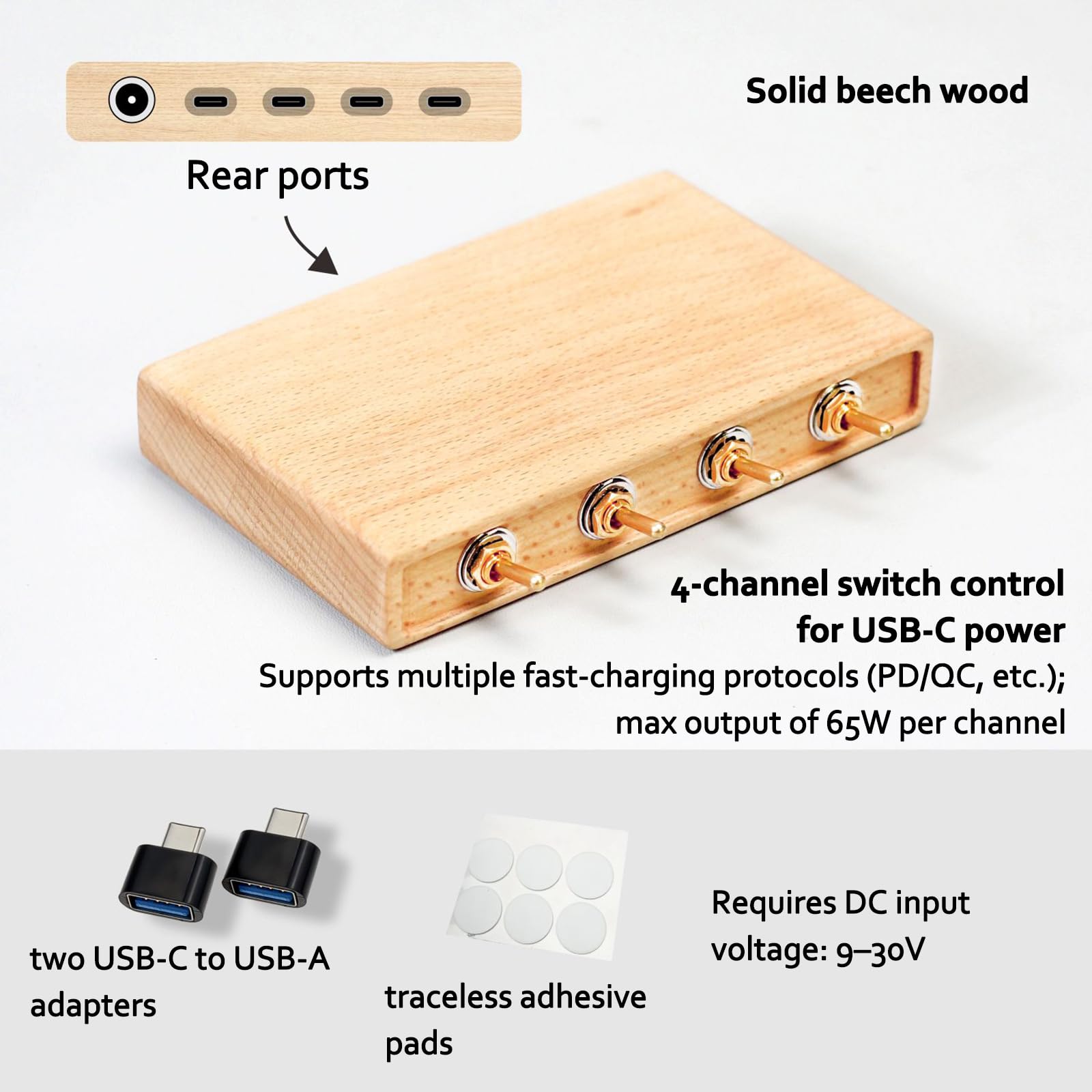 Multipresa USB con Interruttori, Hub di Alimentazione da Scrivania USB A Ricarica Rapida, Controllo Indipendente A 4 Canali, Ingresso Dc 9–30 V, Uscita 65 W X 4, Accessorio da Beech