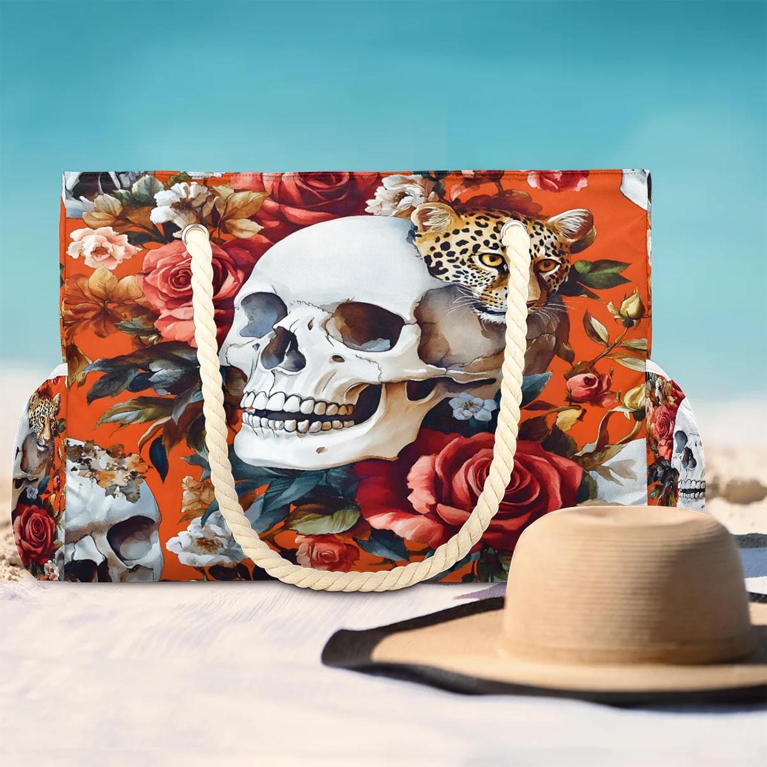 Gothic Goth Skeleton Beach Tote Bags for Women with Zipper Skull Flower Large Pool Bags for Swimming Travel Gym