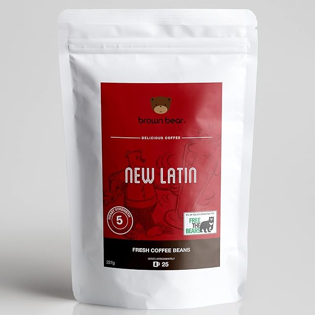 Dark Roast Crema Strong Espresso Coffee Beans 227g - Strength 5 - Brown Bear New Latin Blend - For All Coffee Machines - Donation to Free The Bears