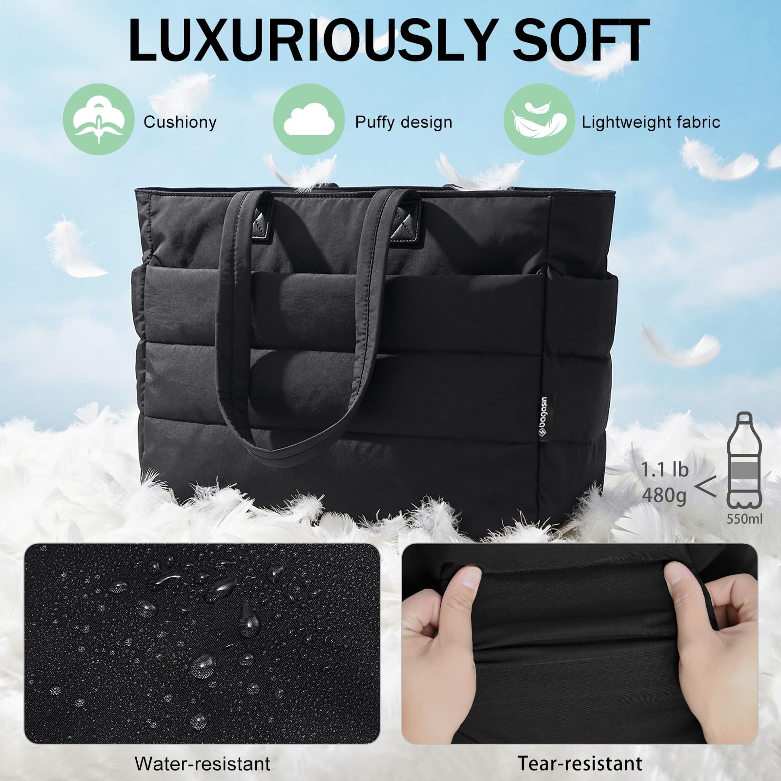 bagasin Borsa Tote a Mano da Donna, Borsa a Tracolla da Viaggio a Grande Capacità per Laptop da Lavoro, con Scomparto, Multi-Tasca, Leggera, per Lavoro, Viaggi, Fitness, Nero & Beige