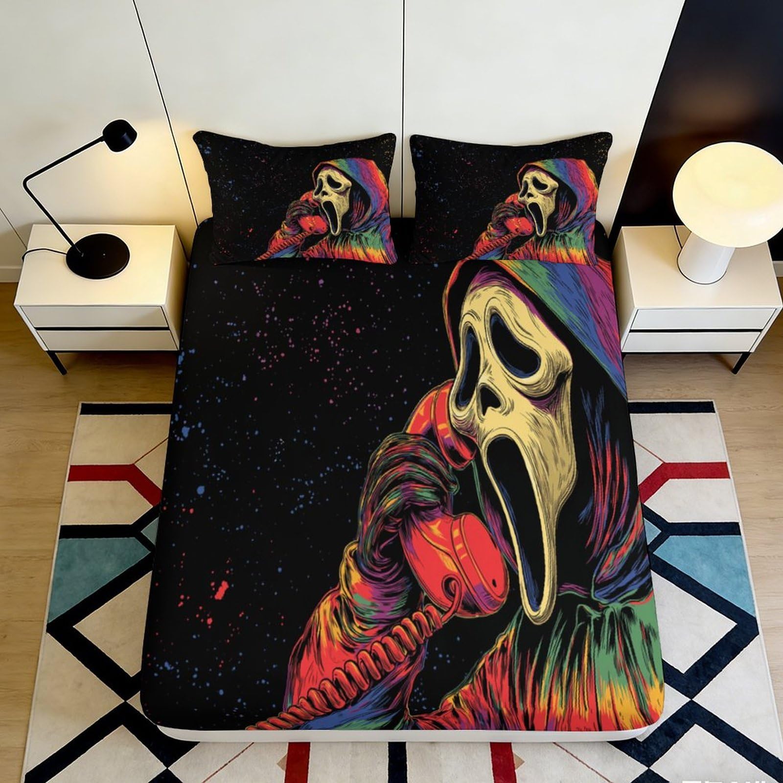 3D Printed Neon Scream Skull Fitted Sheet Microfiber Soft Breathable Horror Art Bed Cover for Bedroom Dorm Mattress Protection Decor 90x200x25cm