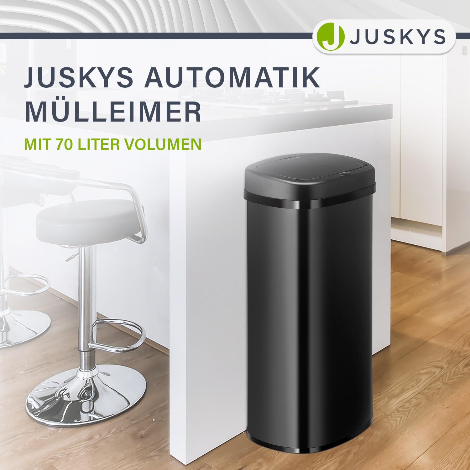 Juskys Mülleimer Küche mit Bewegungssensor Schwarz 70L - Eckiger Abfalleimer mit Klemmring für Müllbeutel - Rostfreier Stahl - Kontaktloses Entsorgen