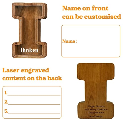 Vista 54 de Customized Name Large Wooden Piggy Bank for Boys Girls Alphabets Letter A-Z Coins Bills Money Change Bank Box Initial on Clear Cover