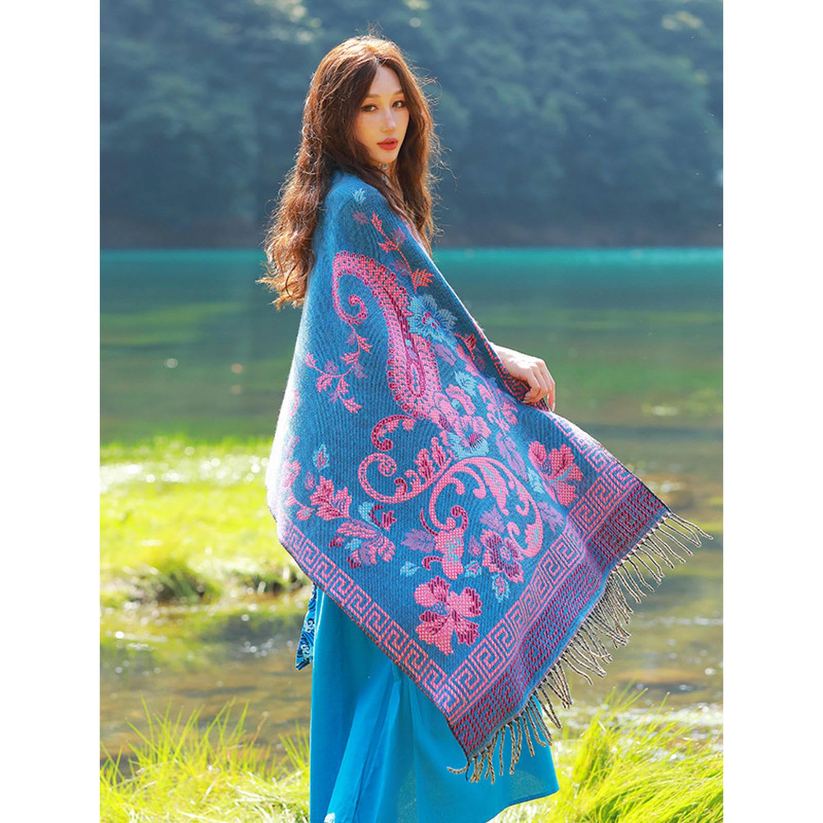 Sciarpa Donna Sciarpa da Donna Autunno E Inverno Mantello Esterno Caldo Spesso Viaggio Sciarpa Letteraria Nappa Sciarpa al Collo Regalo da Donna 65 * 200cm-blu
