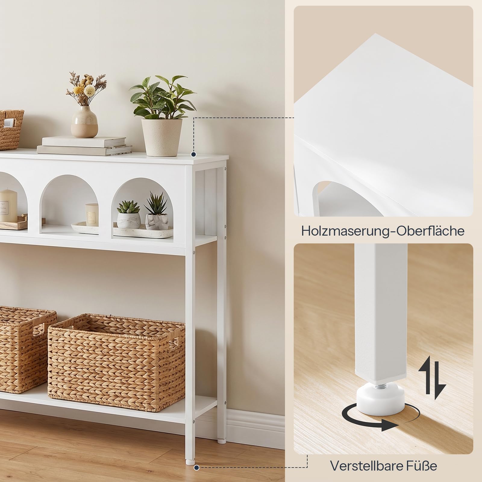 HOOBRO Schmaler Konsolentisch mit Bogendesign, Eingangstisch mit 3 Ablagen, Konsolentisch im Landhausstil, Beistelltisch, Sofatisch, Metallgestell, Flurtisch für Wohnzimmer, Flur, Weiß EWW106XG01