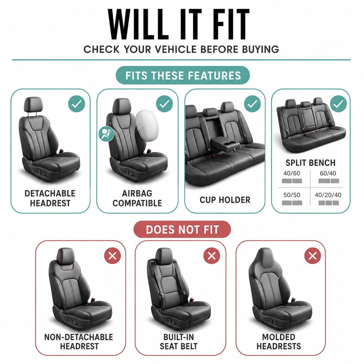 FH GROUP Juego Completo de Fundas de Asiento de automóvil, de Tela, Ajuste Universal, compatibles con Bolsa de Aire, Asiento Trasero Dividido, Lavables, para SUV, sedán