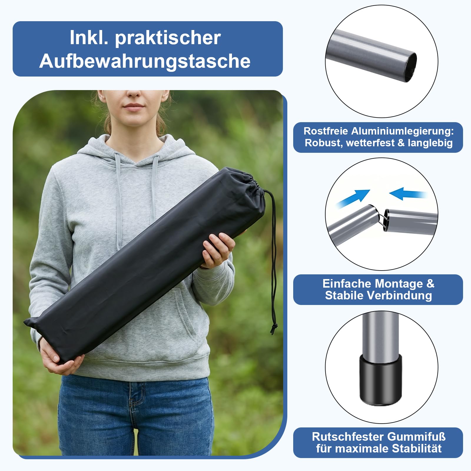 Zeltstange 2er Set, Teleskopstange mit Erdnägeln und Abspannseilen | Leichte Aufstellstangen für Zelte & Tarp, Verstellbar 80-190cm, Aluminium Sonnensegel Stange Camping Tarpstangen mit Tasche