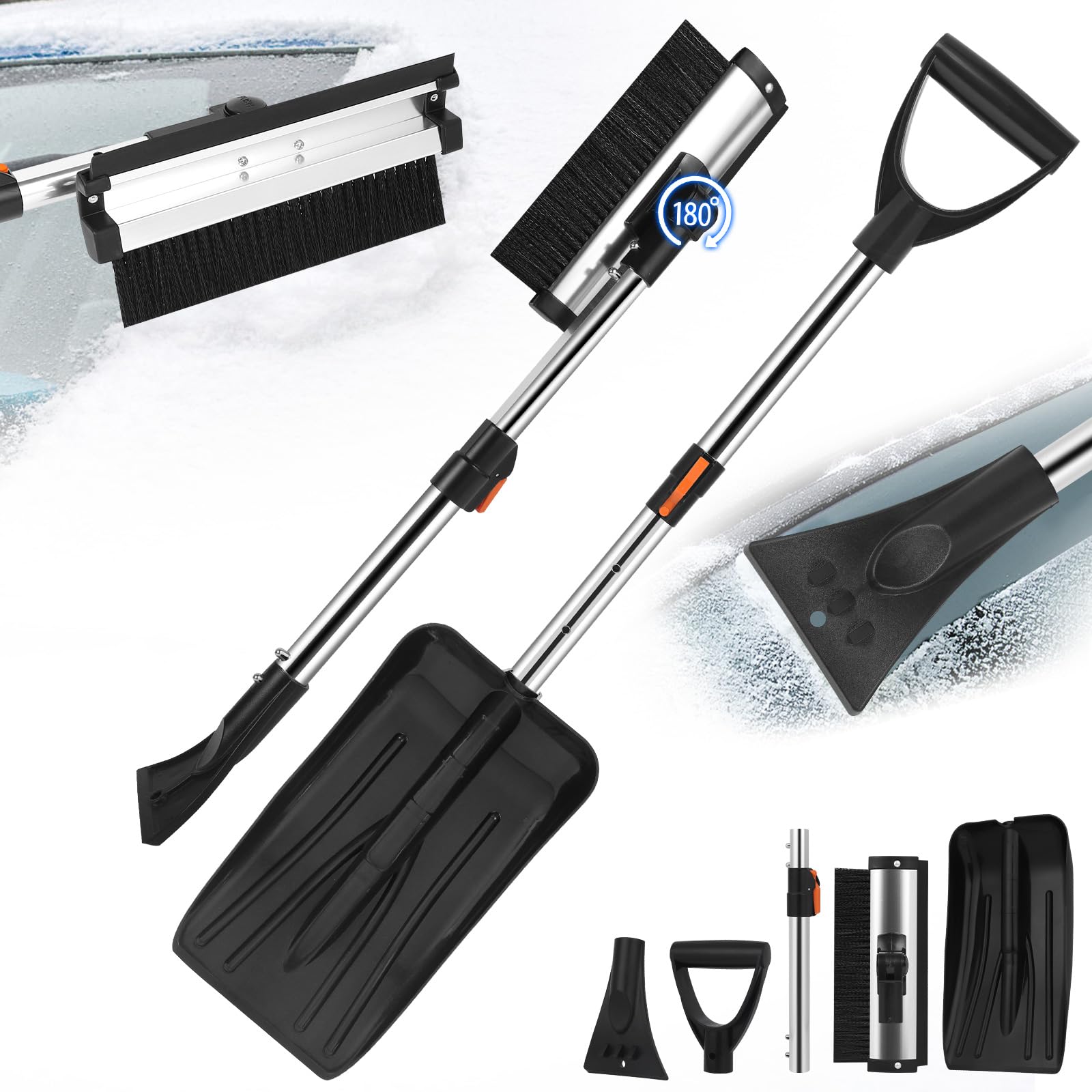 Rascador de Hielo para Coche 3 En 1, Pala Quitanieves con Cepillo Ajustable, Pala Quitanieves con Función Telescópica, Escoba para Nieve, Rascador de Hielo ExtraíBle para Coche