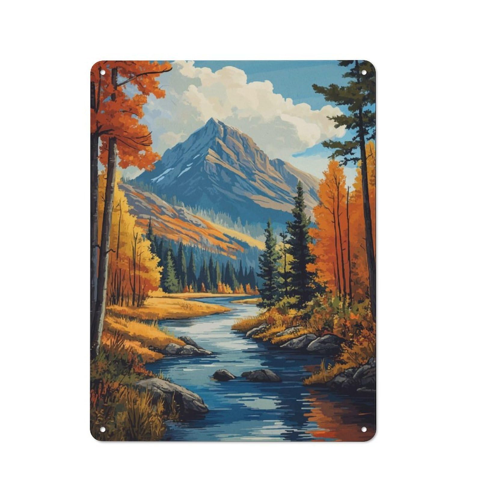 Junmoney Autumn Mountain River Vintage Metal Sign 40X30cm For Pub Or Café, For Collectors Of Vintage Metal Wall Decor