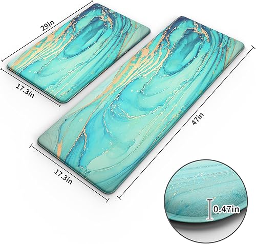 Miniatura 26 de MAYHMYO Juego de 2 tapetes de cocina antifatiga, diseño de mármol y azul, alfombrillas acolchadas y antideslizantes Azul,Azul y dorado,Marrón