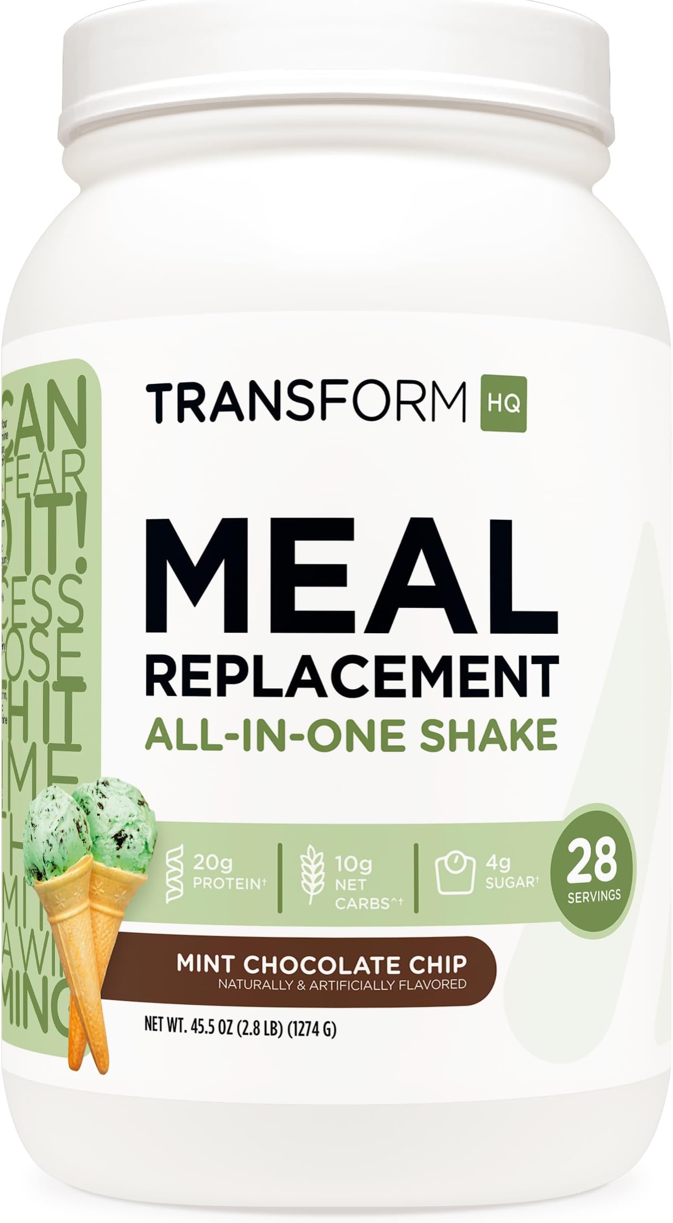 TransformHQ Meal Replacement Shake Powder 28 Servings (Mint Chocolate Chip) - 20G Protein per Serving, Non-GMO