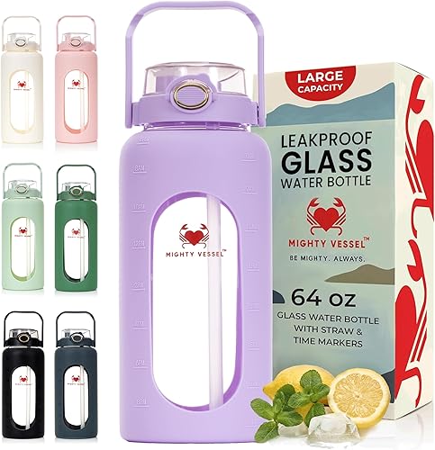 Miniatura 10 de Botellas de agua de vidrio a prueba de fugas de 64 oz - Botella de agua de vidrio grande de borosilicato con popote y marcadores de tiempo - Botella