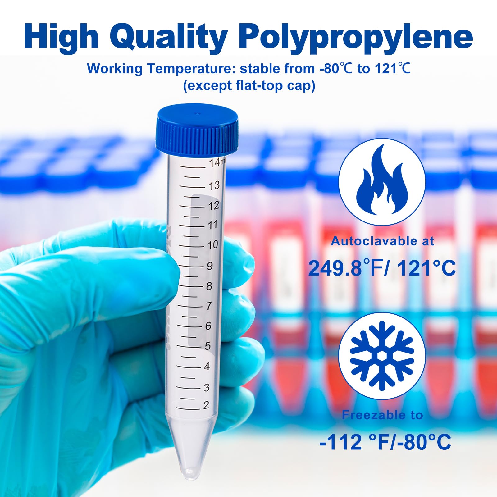 Provette coniche per centrifuga da 15 ml, 100 provette in polipropilene con tappi piatti in polietilene, 12000 RCF, contenitore in plastica con area graduata e scrittura, pacchetto rack, non pirogeno