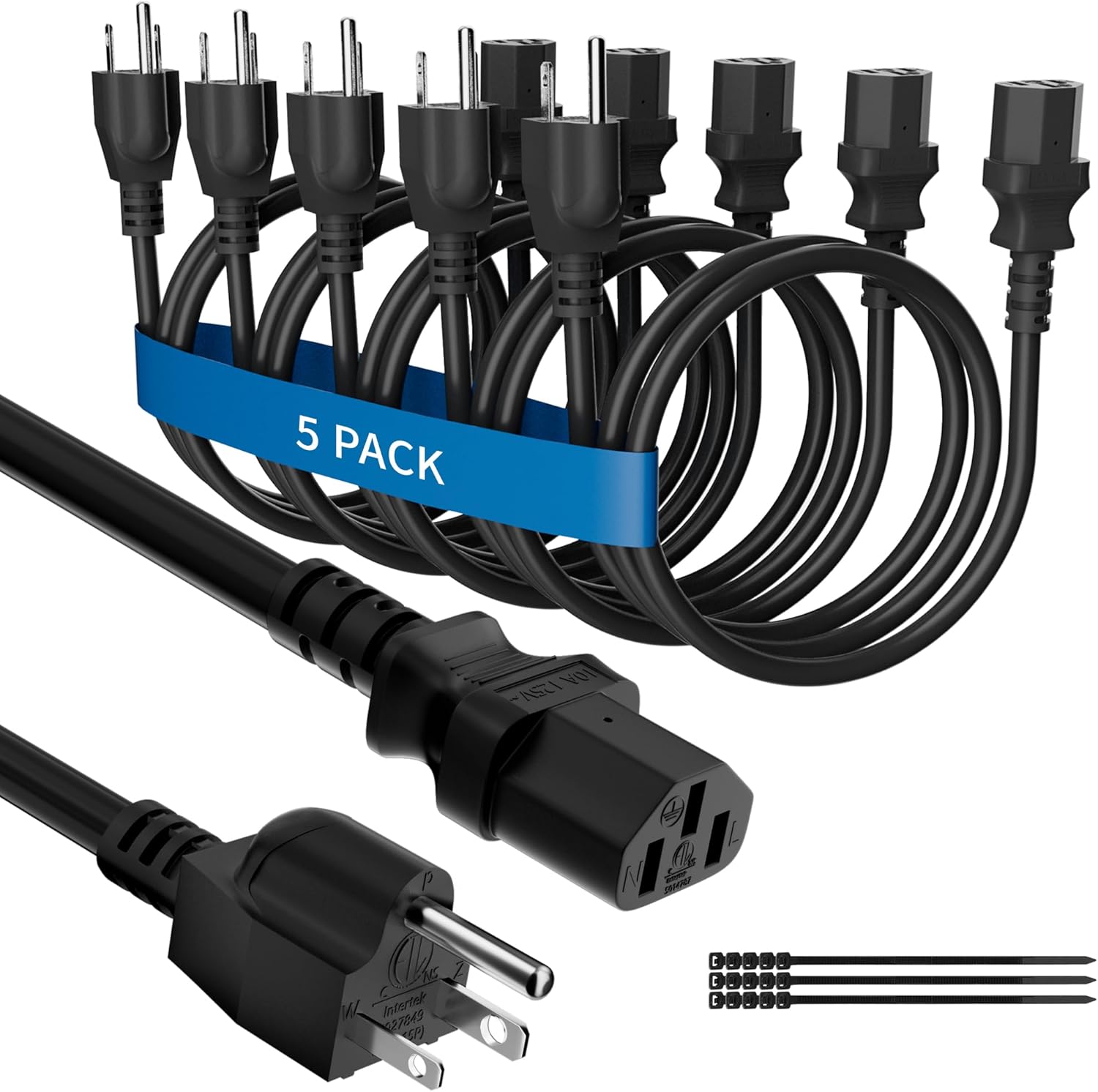 Adoreen Computer TV Monitor Replacement Power Cord 2 Ft/5 Pack, 3-Prong AC Universal Power Supply Cable 5-15P to IEC 320 C13 C14, SJT 18AWG 10A/125V for Treadmill Printer,PC,Desktop+Ties-ETL-White