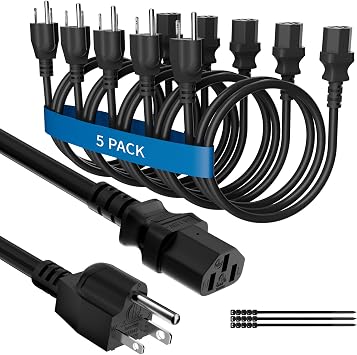 Adoreen Computer TV Monitor Replacement Power Cord 4 Ft/5 Pack, 3-Prong AC Universal Power Supply Cable 5-15P to IEC 320 C13 C14, SJT 18AWG 10A/125V for Treadmill Printer,PC,Desktop+Ties-ETL-Black