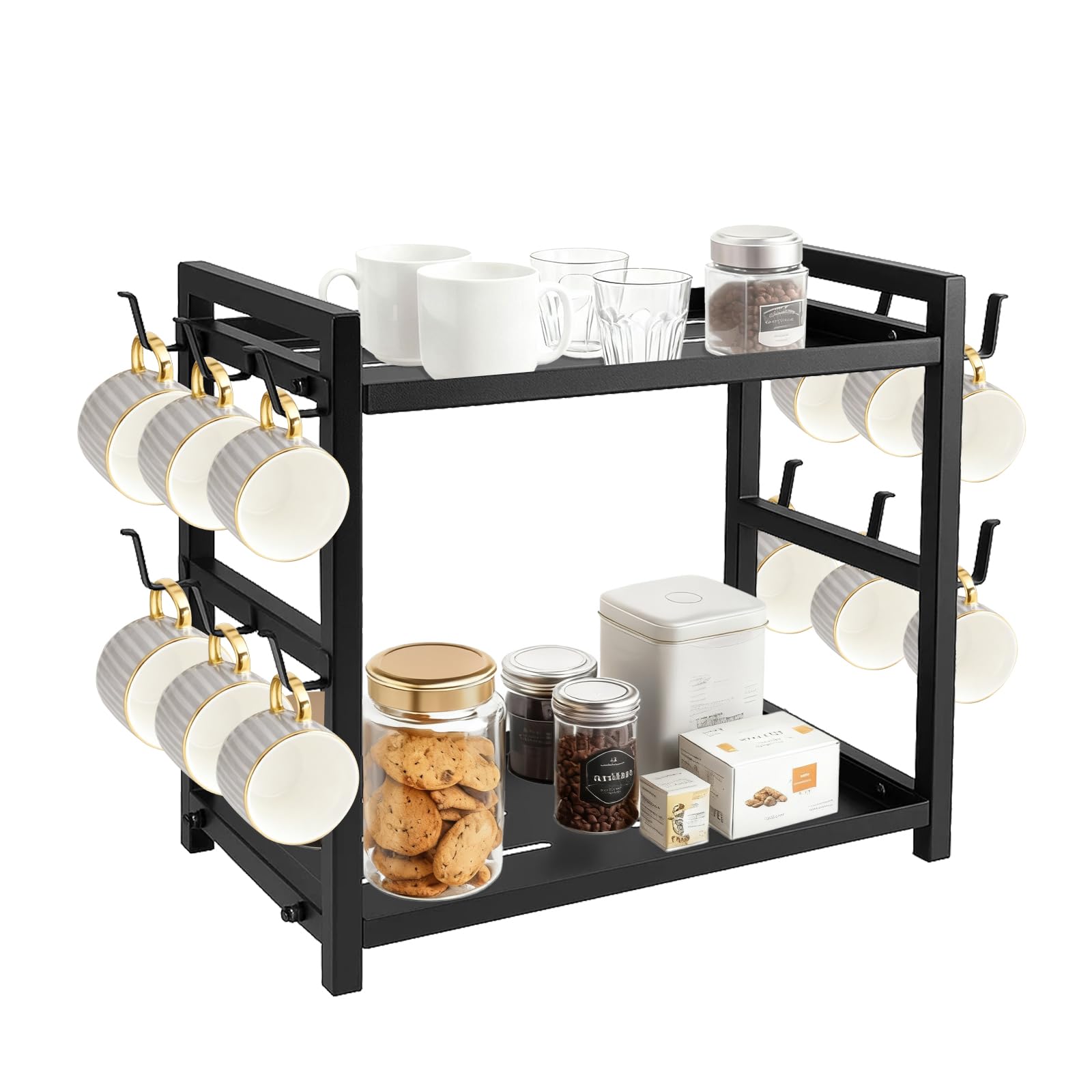 SUNNYNEST 2 Tier Coffee Cup Holder Black 12 Hooks Coffee Bar Organiser Multi-functional Mug Holder Display Kitchen Stand Rack for Home Kitchen, Office