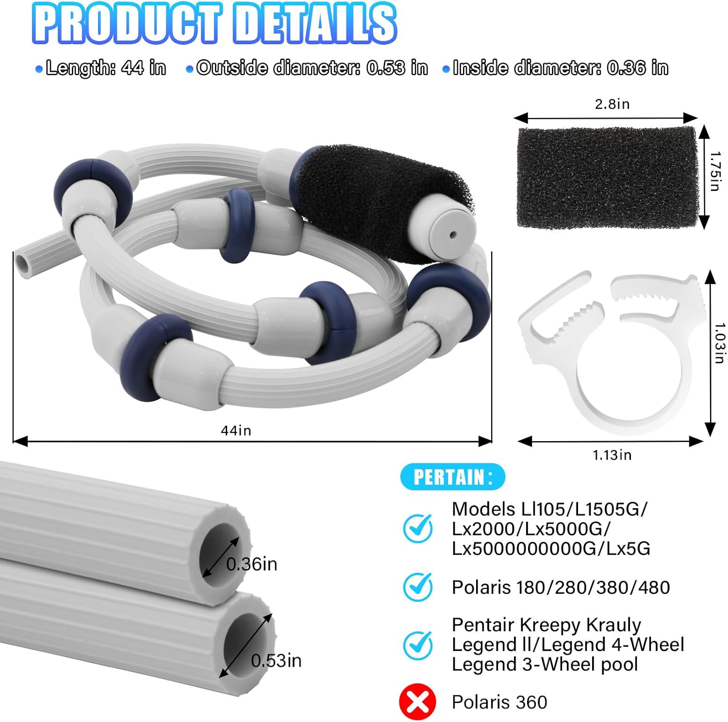 DWALE 2PCS Automatic Pool Cleaner Sweep Hose Complete B5 B-5 Replacement for Zodiac Polaris 280 380 480 180 Pool Cleaner (Not Compatiable with Polaris 360 Model Pool Cleaner)