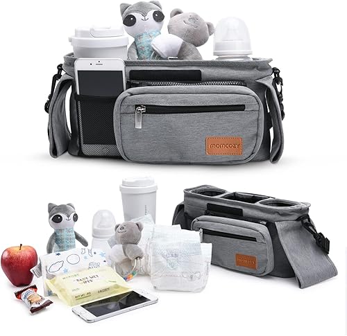 Miniatura 9 de Momcozy Organizador universal para cochecito de bebé, 2 portavasos aislados, bolsillo desmontable con cremallera, correa de hombro ajustable, gran