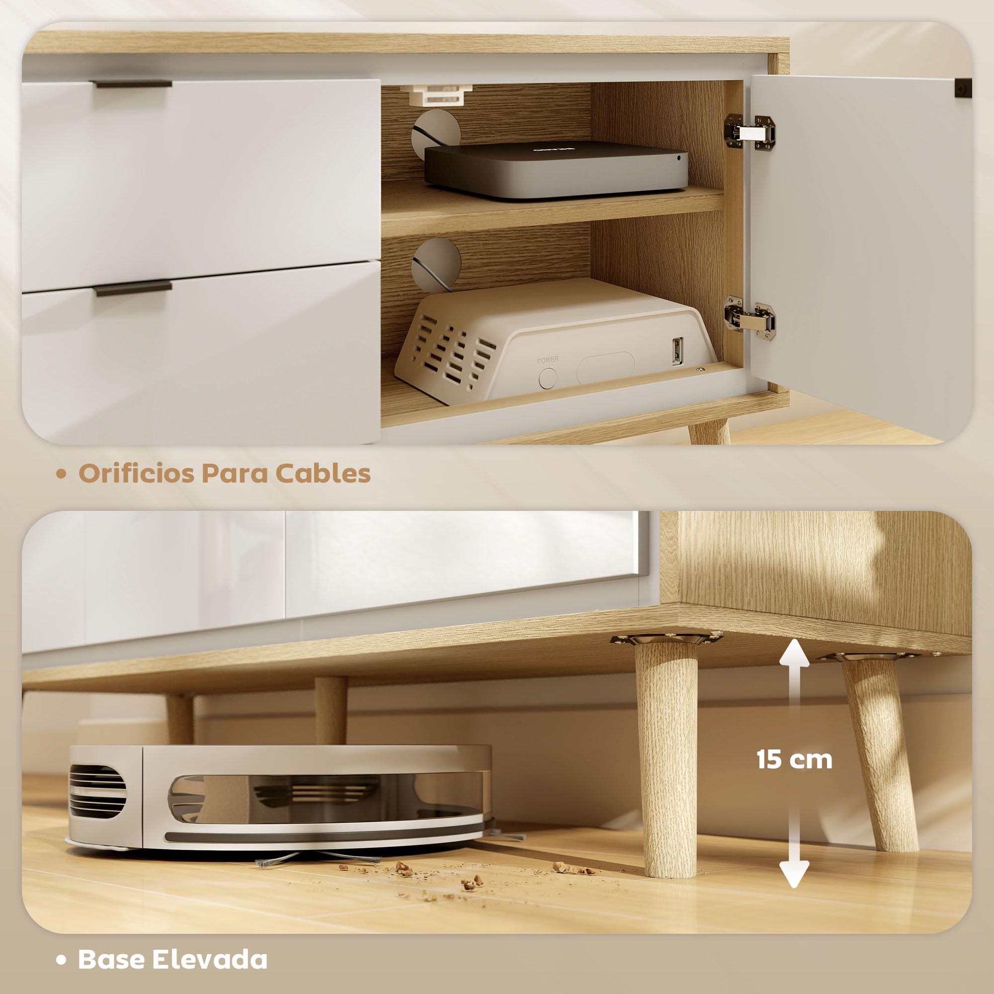 HOMCOM Mueble de TV Moderno de 2 Puertas 120x35x50 cm Blanco Brillo y Roble | Mesa TV para Salón con 2 Cajones, Orificios Pasacables, Estantes Extraíbles y Ajustables, para Televisión 55 Pulgadas