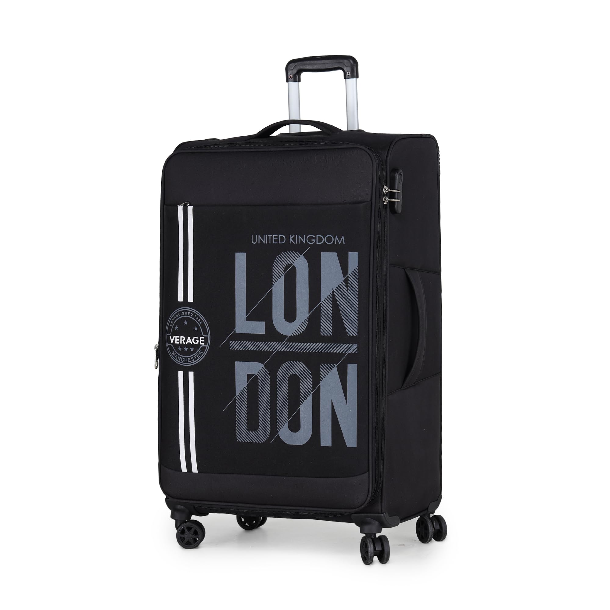 Verage Moscow 80 cm Soft Sided Large Check in Expandable Suitcase Luggage Bag with Telescopic Trolley and 360 Spinner 8 Wheels (Black, 28 Inch)