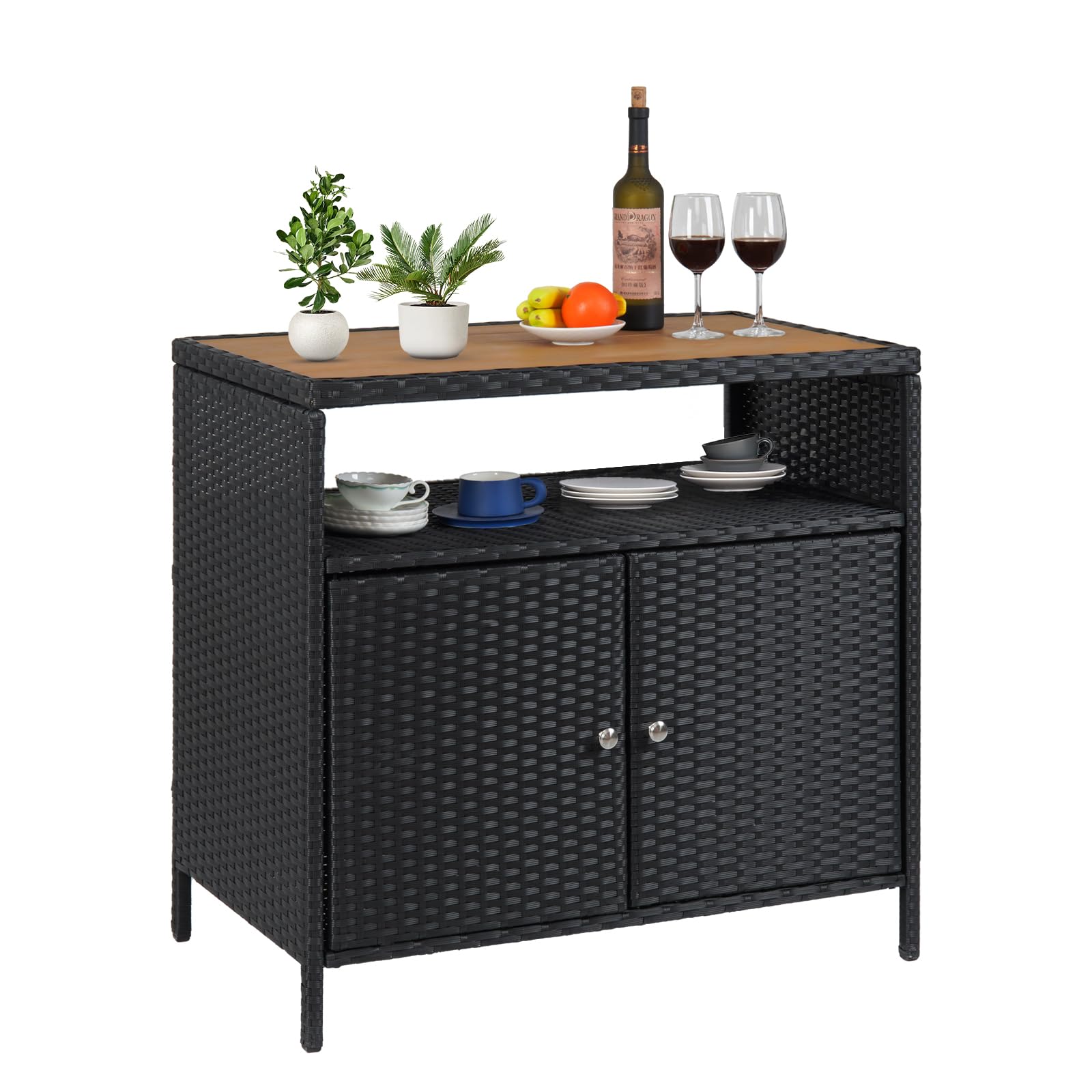 Terrassen Outdoor-Geflecht-Aufbewahrungsschrank mit Regal, pulverbeschichtetem Stahl, Bar-Tisch mit 2 Türen und Ablage, wetterfestes Kunststoffgeflecht, für Terrasse, Pool, Garten, Küche, braun