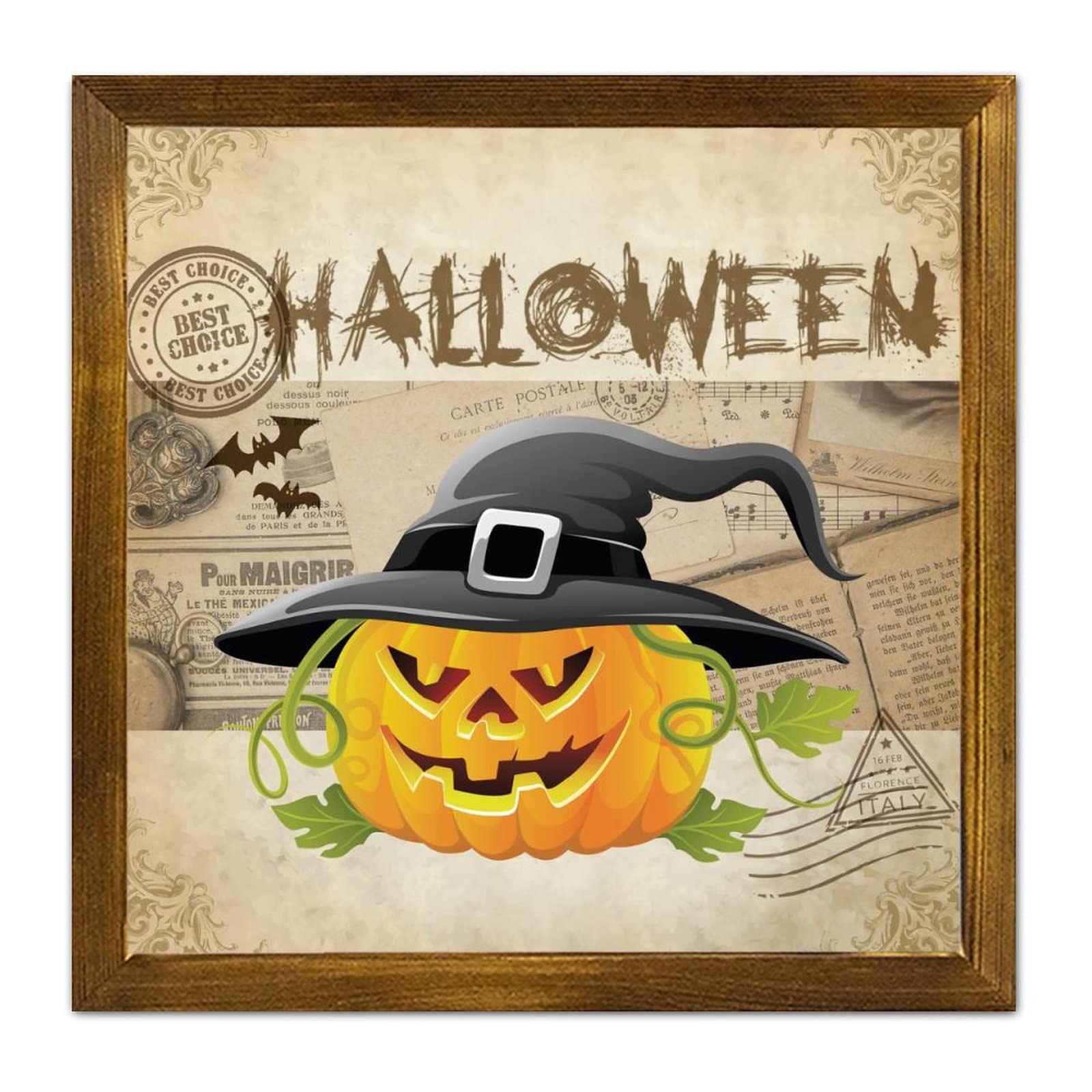 Panneau mural bois citrouille Halloween cadre vintage déco salon bureau 30cm
