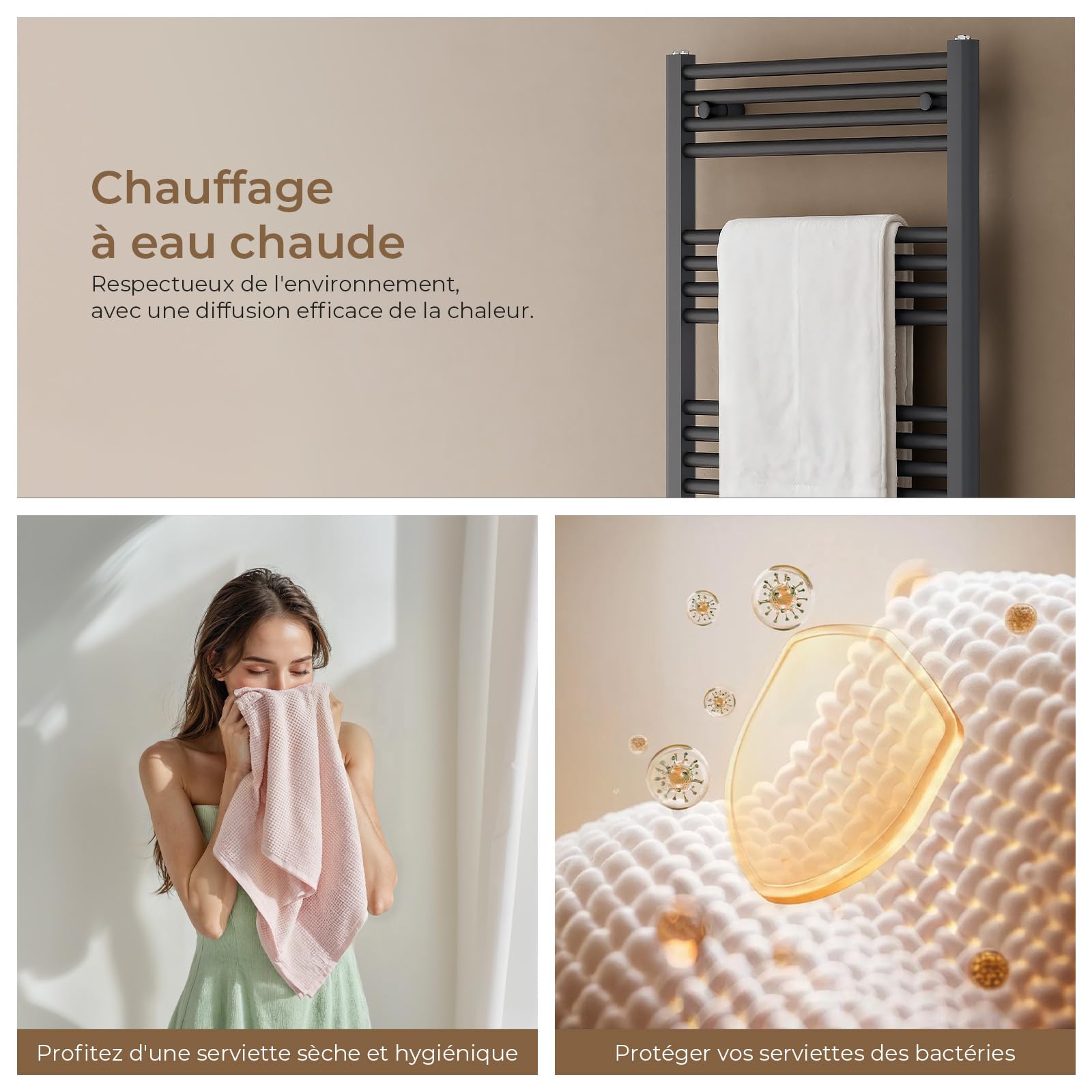 S'AFIELINA Radiateur de Salle de Bain 1600 x 500 mm, 654W, sèche serviette eau chaude, Sèche-Serviettes à Raccordement Central pour Eau Chaude, Anthracite(Sans valve thermostatique)